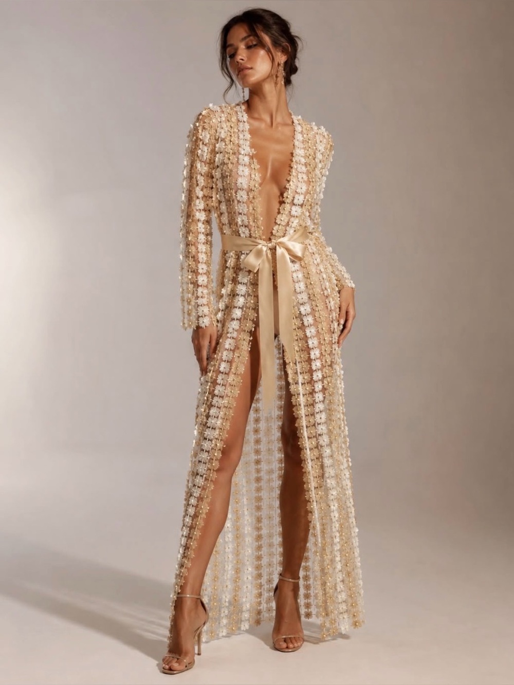 Embellished Sheer Long Robe with Satin Tie - Cream/Gold